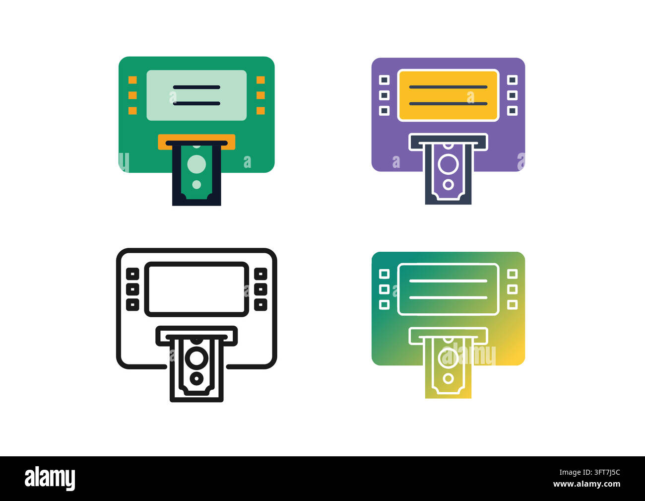 Vector icon set depicting automated teller machine (ATM) interfaces ...