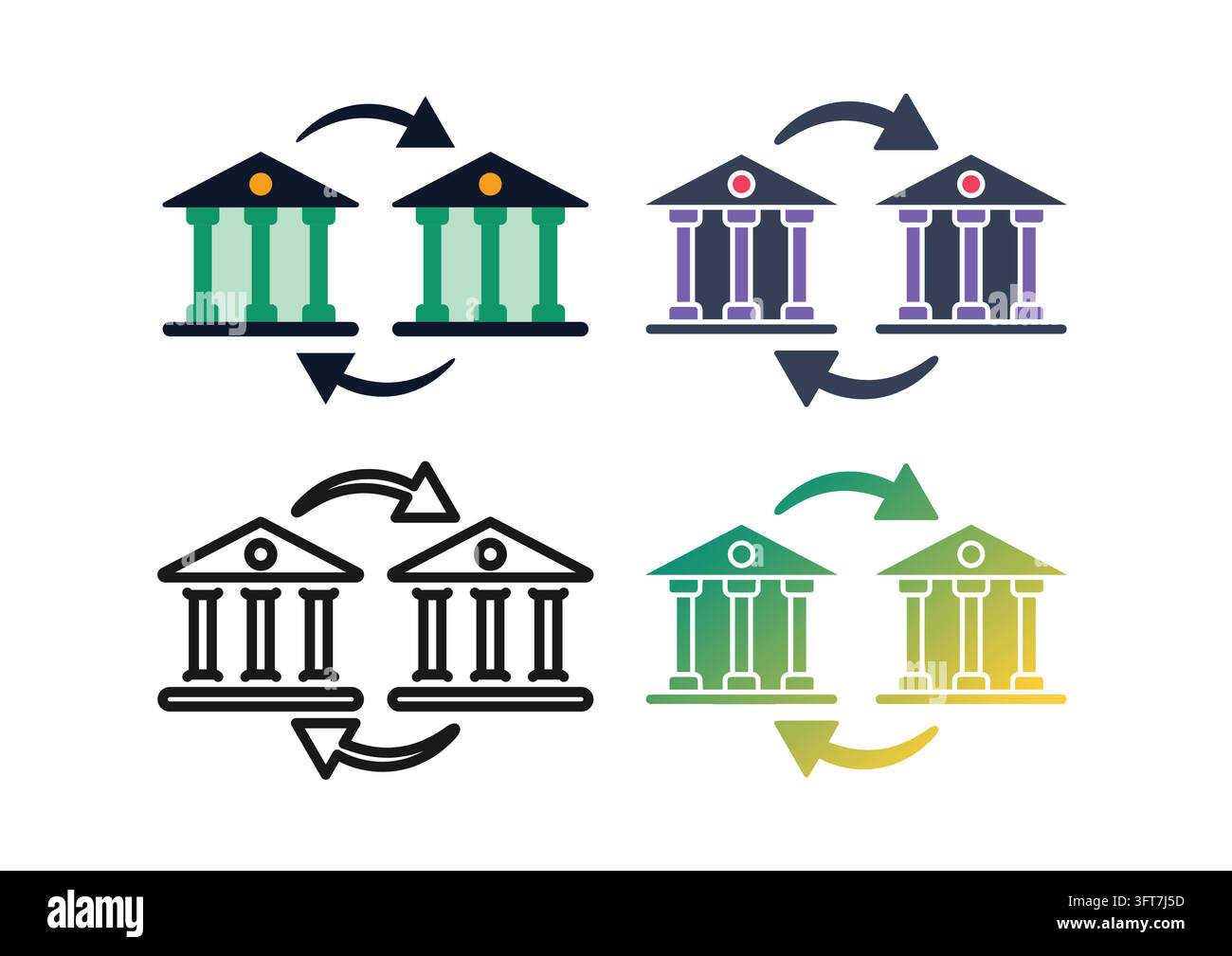 Vector icon set featuring two classical bank buildings connected by ...