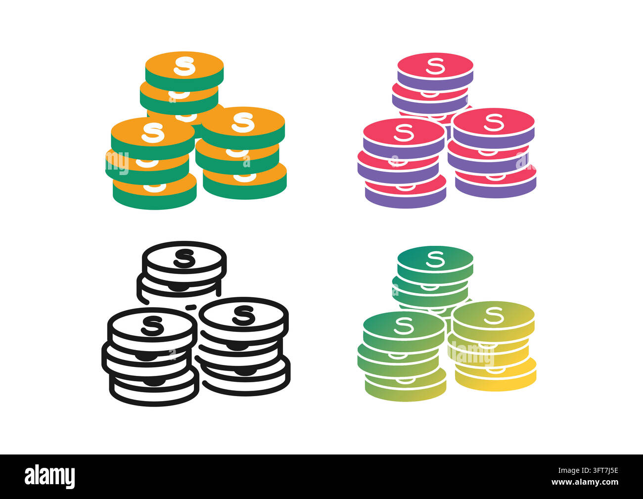 Vector icon set featuring stacked dollar coins marked with currency ...