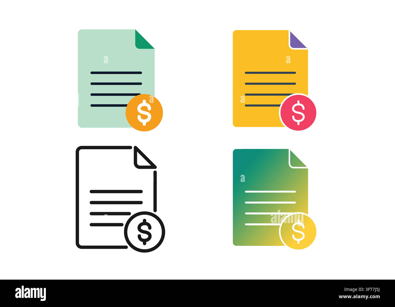 Vector icon set featuring business document sheets with dollar coin ...