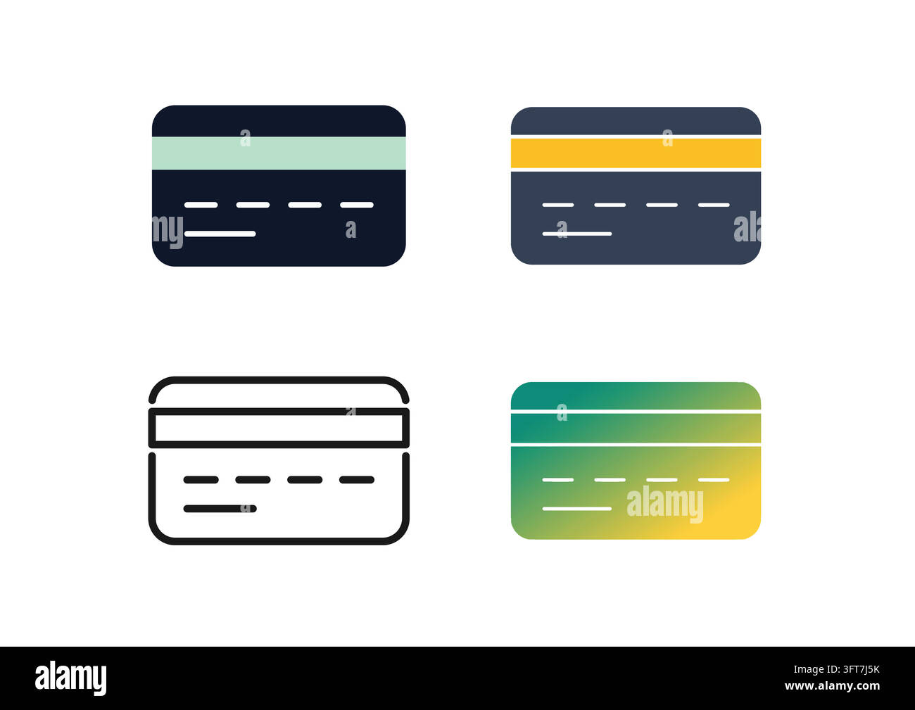 Vector icon set depicting the back side of plastic credit and debit ...