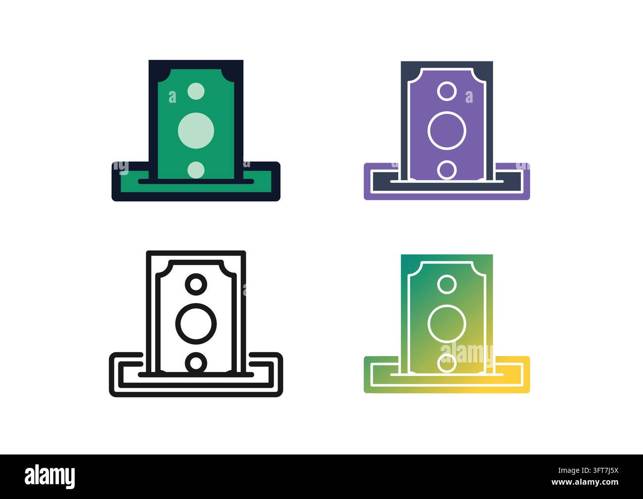 Vector icon set depicting paper cash banknotes inserting into or ...