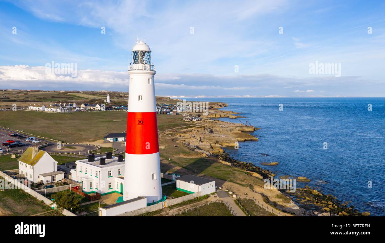 Aerial view of Portland Bill Lighthouse with its iconic red and white ...