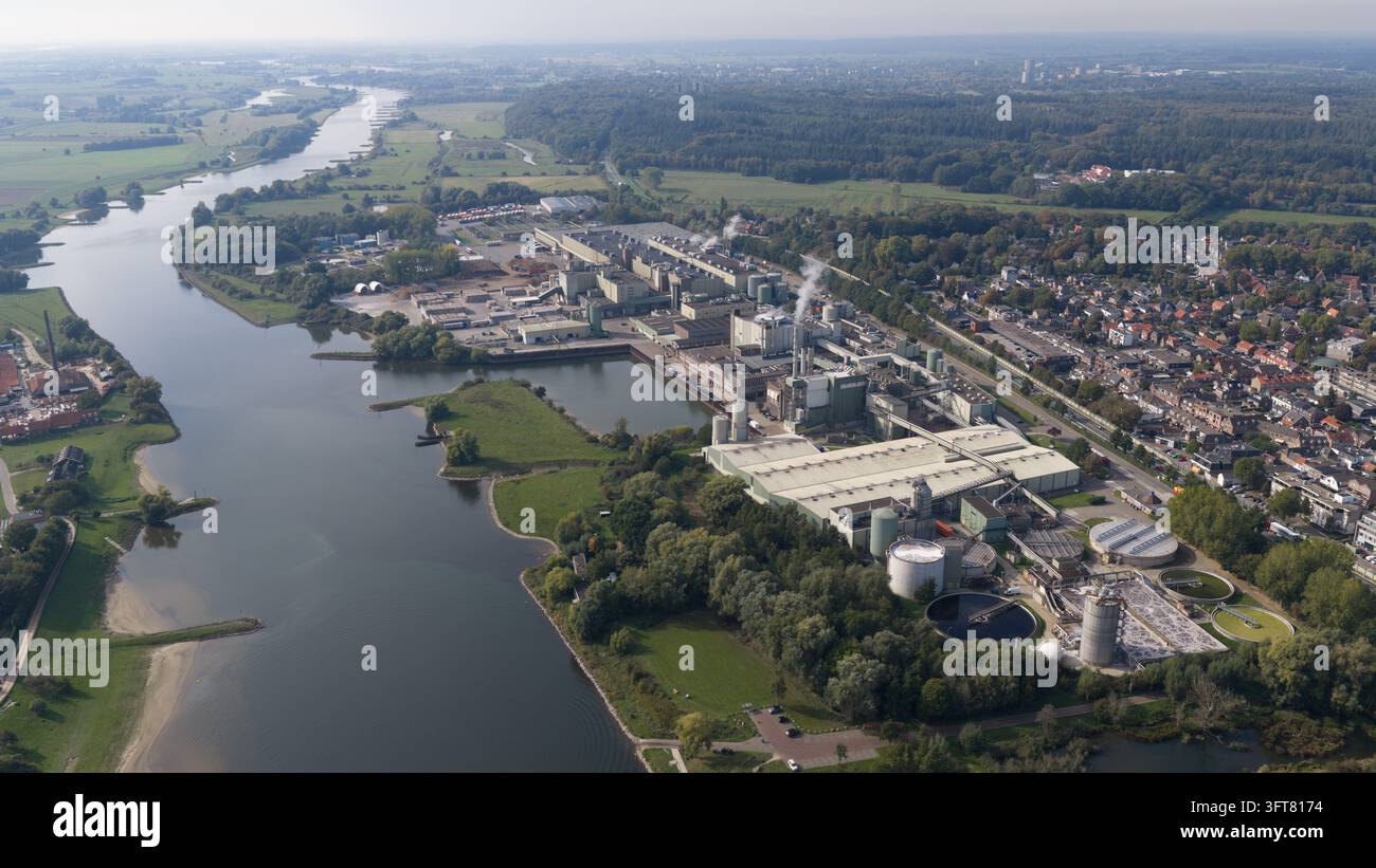 Aerial view of paper mill in Renkum, Netherlands, showing large scale ...