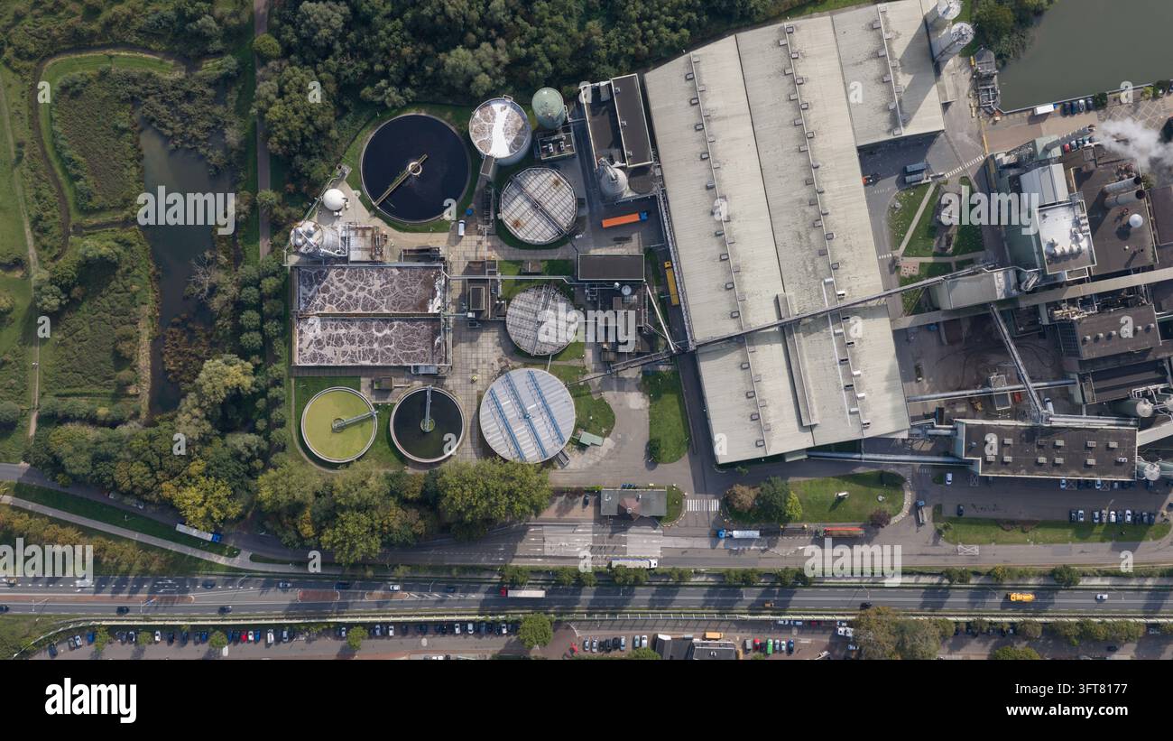 Aerial view of paper mill in Renkum, Netherlands, showing large scale ...