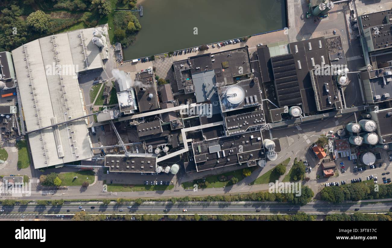 Aerial view of paper mill in Renkum, Netherlands, showing large scale ...