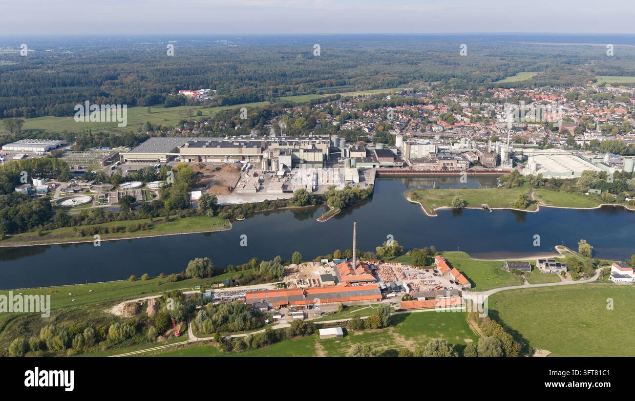 Aerial view of paper mill in Renkum, Netherlands, showing large scale ...