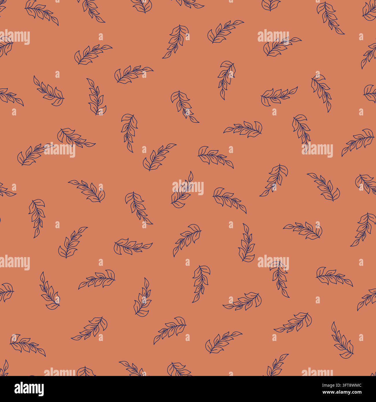 Seemlees Line Line Pattern Seamless pattern with small dark blue line art leaf sprigs scattered on ...