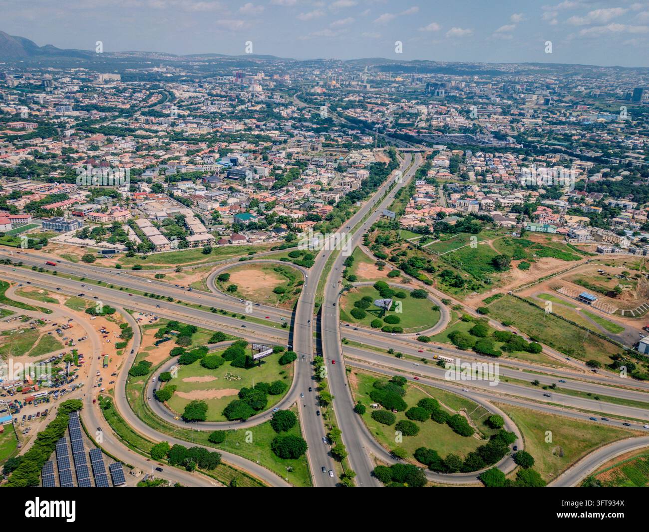 Aerial view of a complex highway interchange with multi-level roads ...