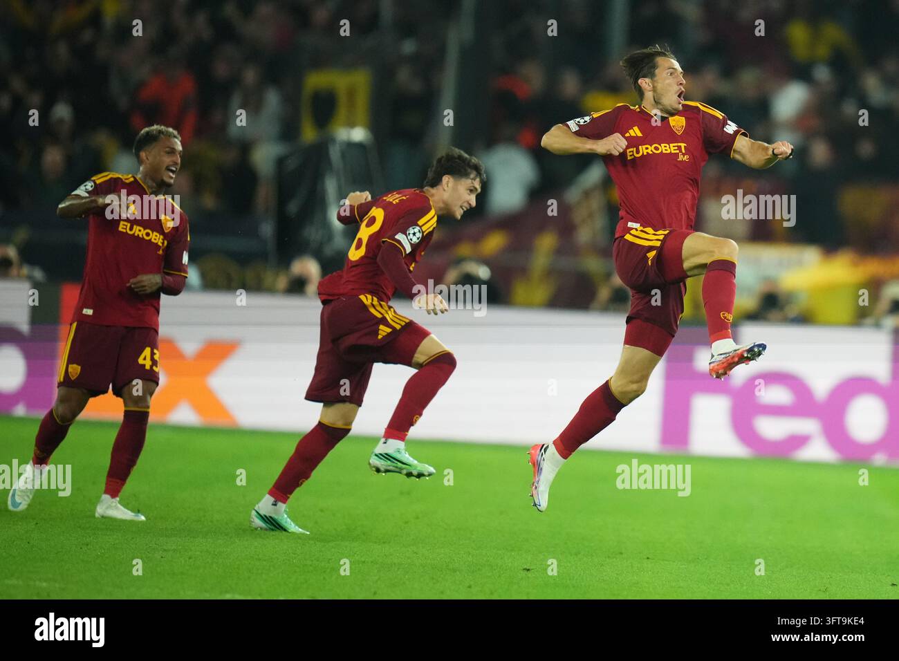 Roma's Marten de Roon celebrates after scoring his side's first goal ...