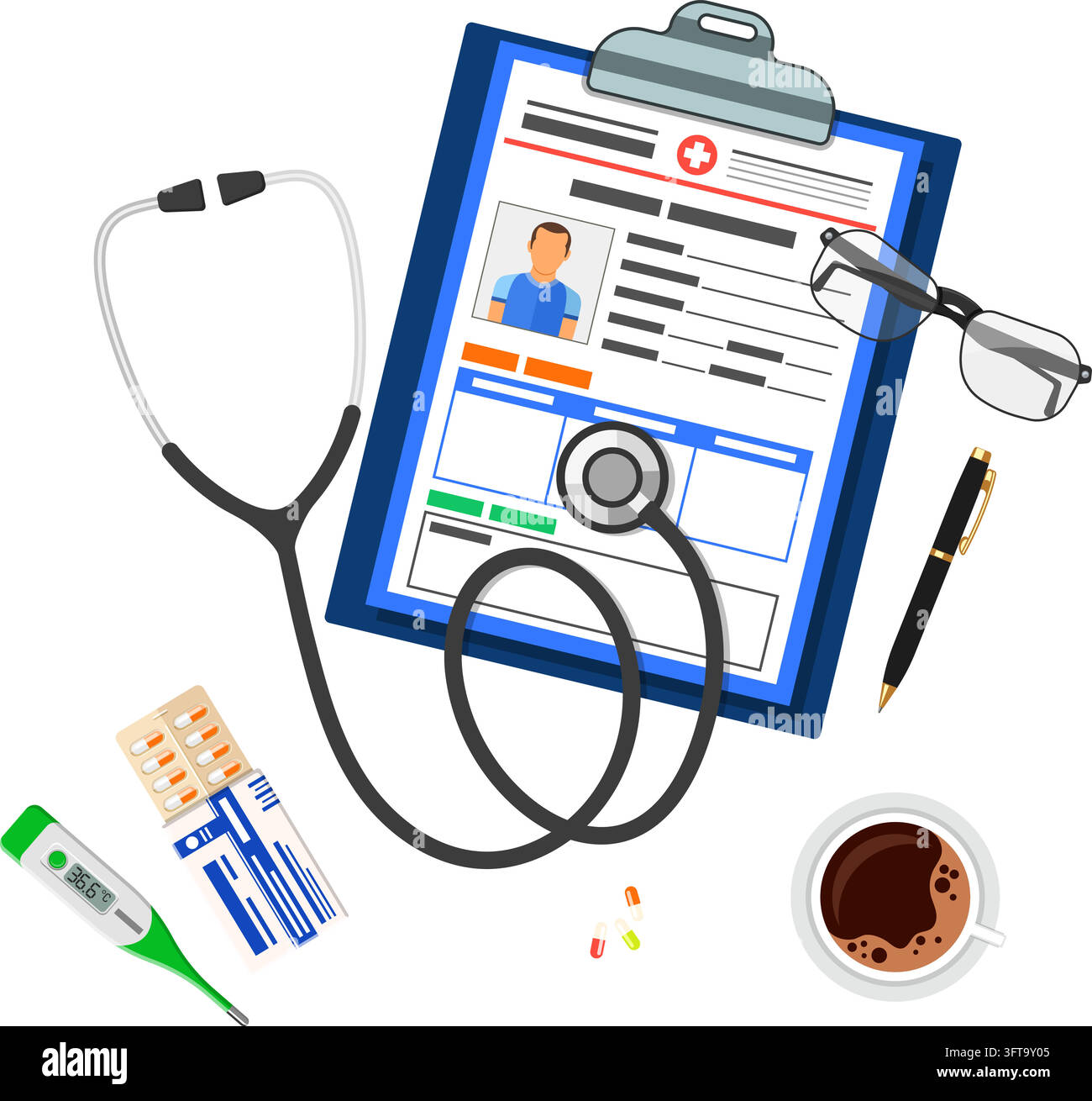 Medical record concept with flat icons card of patient, stethoscope ...