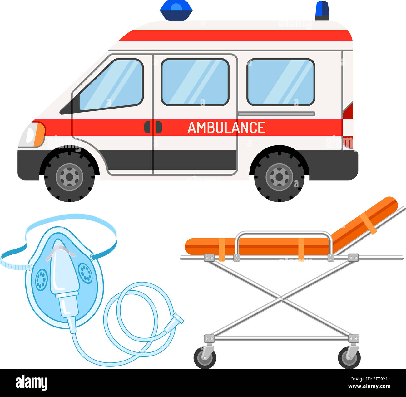 medical emergency ambulance concept with flat icons stretcher, oxygen ...
