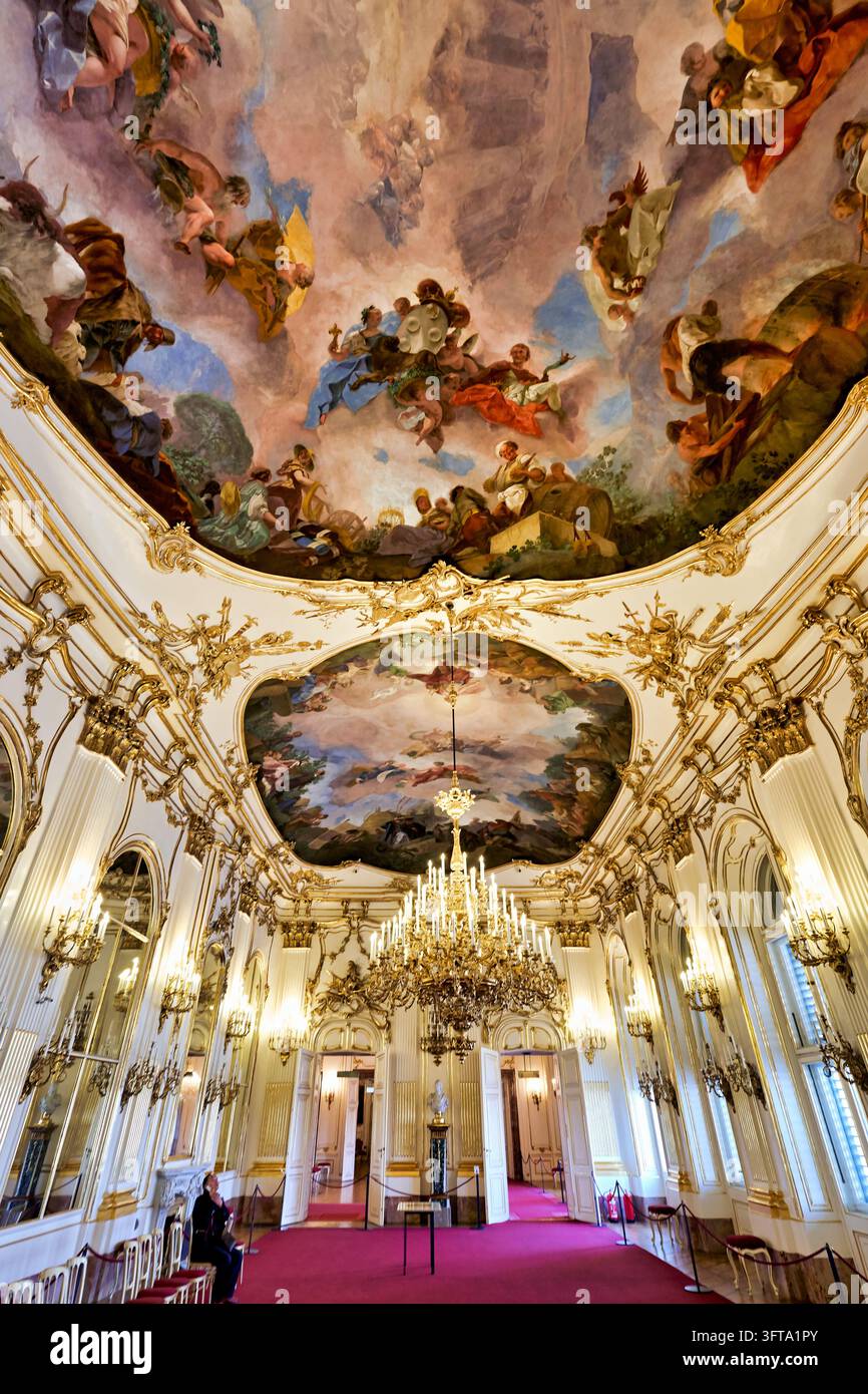 Rococo state hall with 18th-century ceiling frescoes, gilded stucco ...