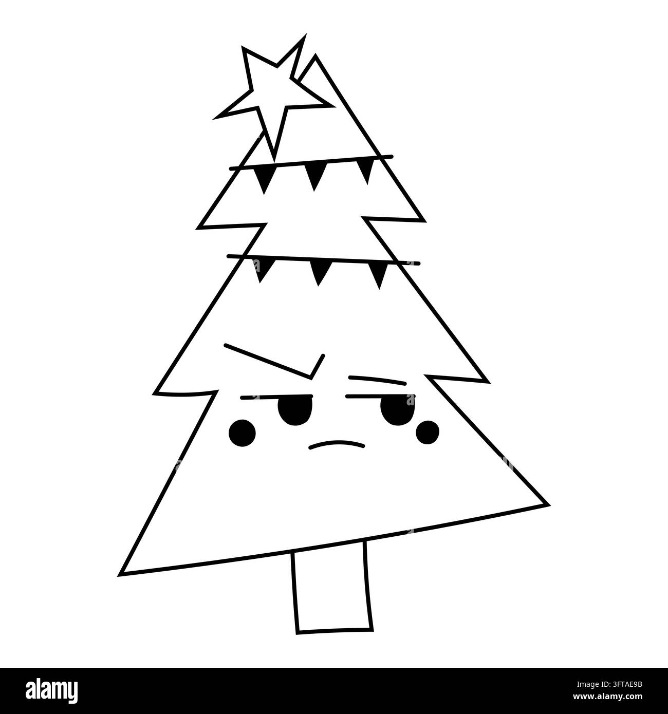 Cute Christmas tree character with grumpy face and bunting. Black ...