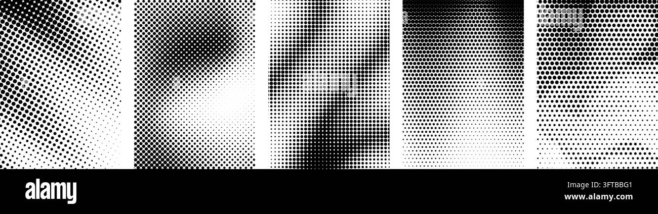 Black and white comic halftone poster cover set. Dotted grain template overlay collection. Grunge gradient texture bundle. Retro pixelated bitmap backdrop pack. Gritty sand noise frames. Vector Stock Vector