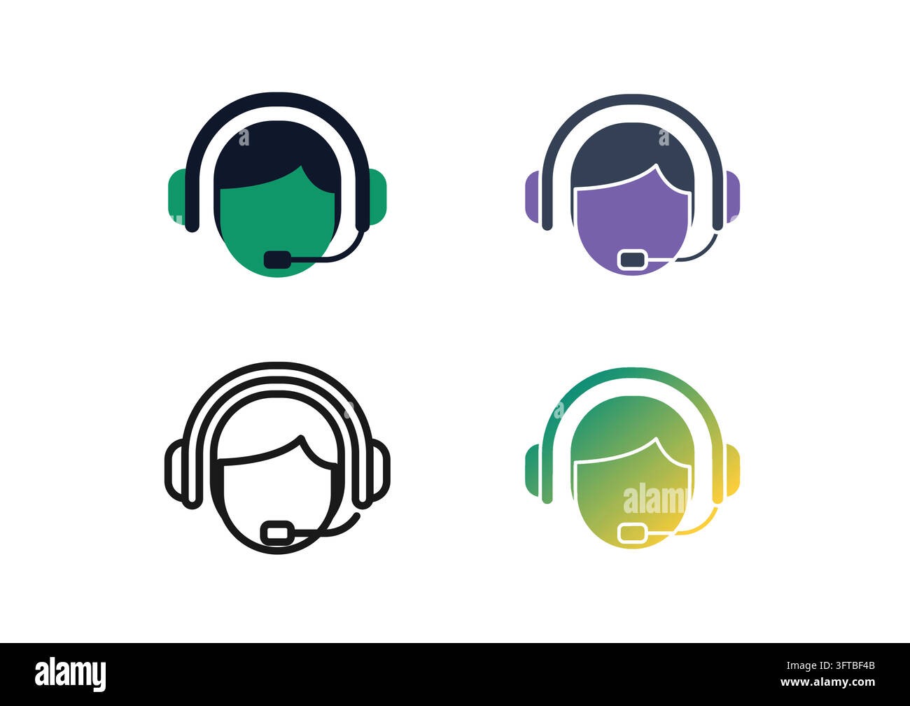 Set of customer service agent icons wearing headsets with microphones, representing call center support, online helpdesk assistance, client consultati Stock Vector