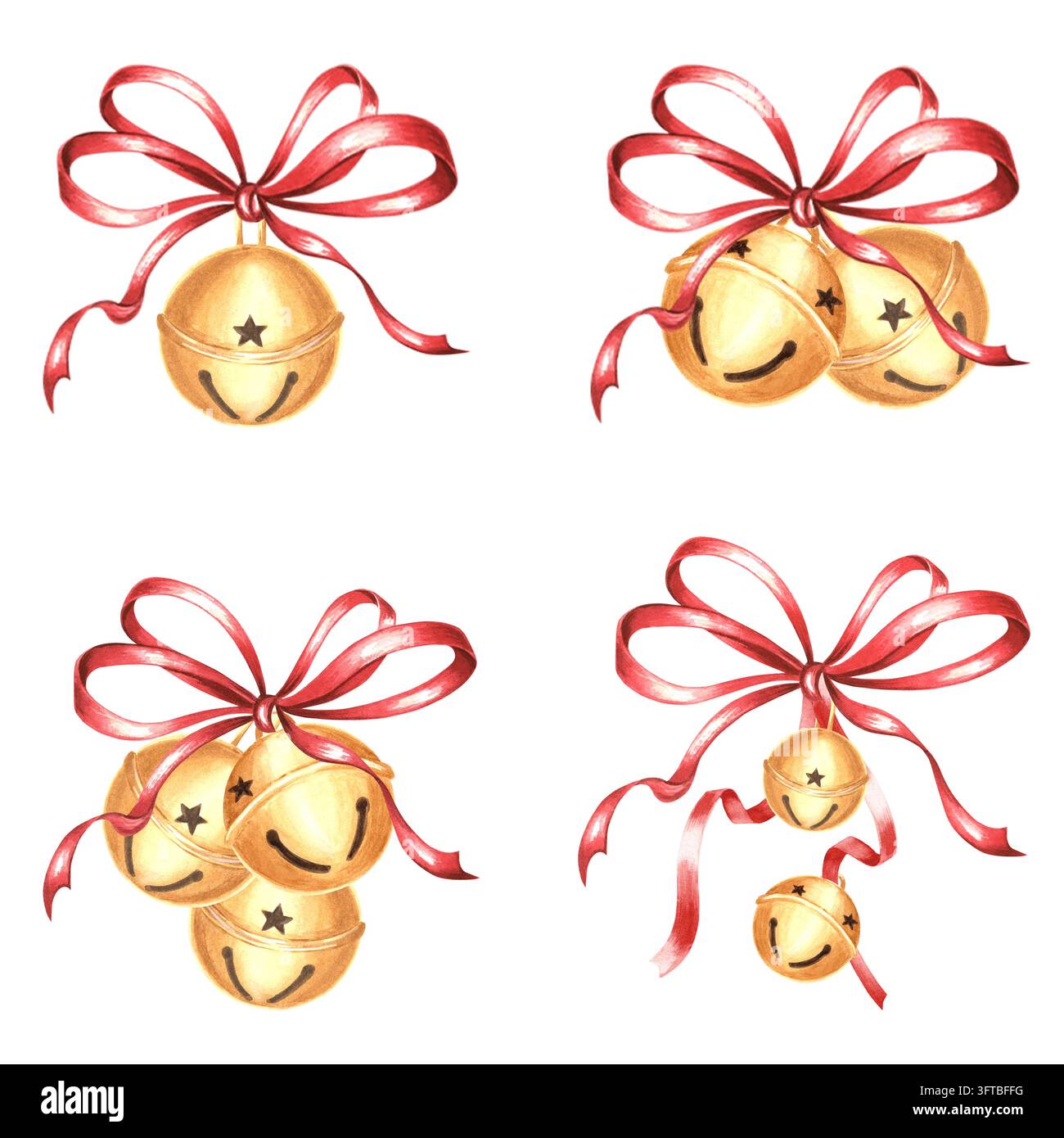 Christmas set of round jingle bells with red bow for festive and design ...