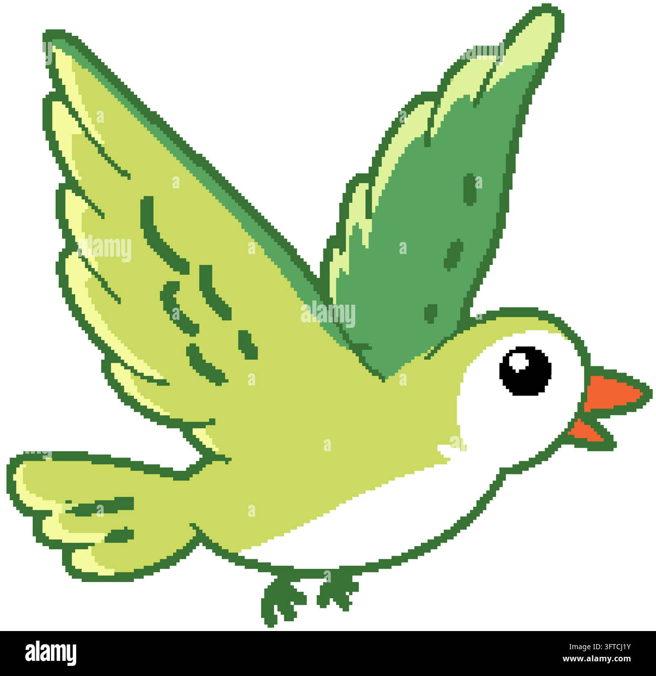 Cute cartoon green bird flying with spread wings in a flat vector art ...