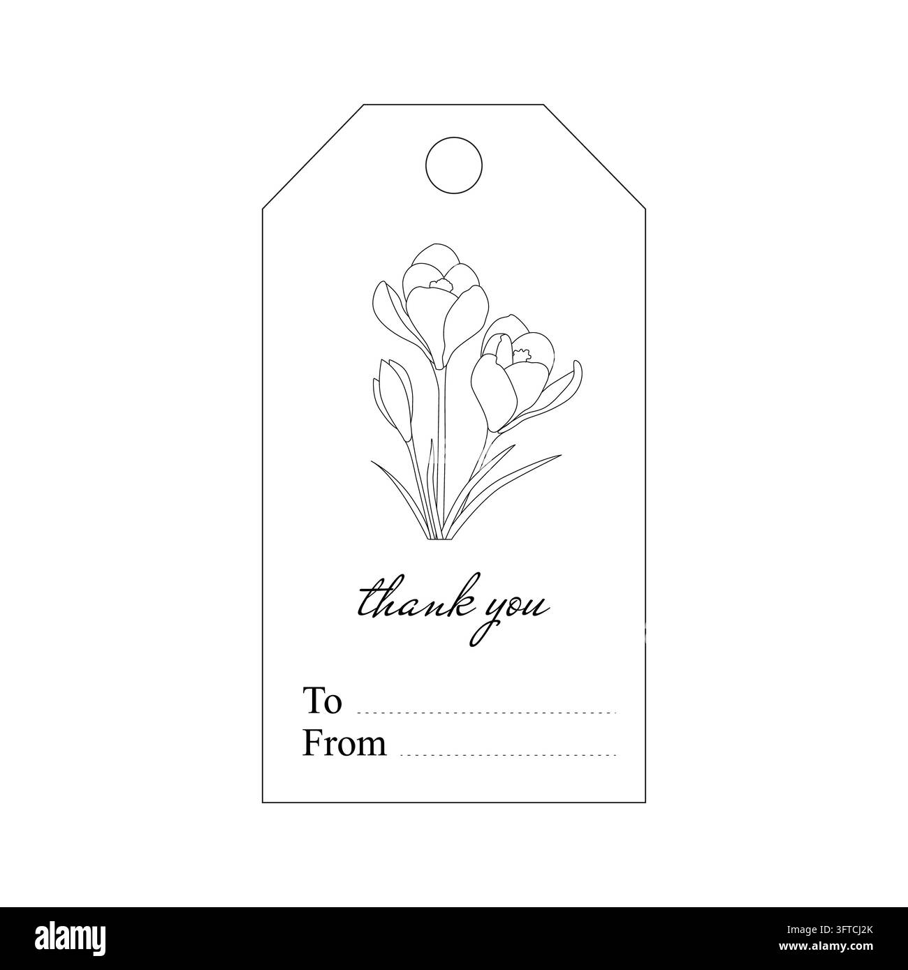 Rectangular thank-you gift tag with floral line art and cursive text ...