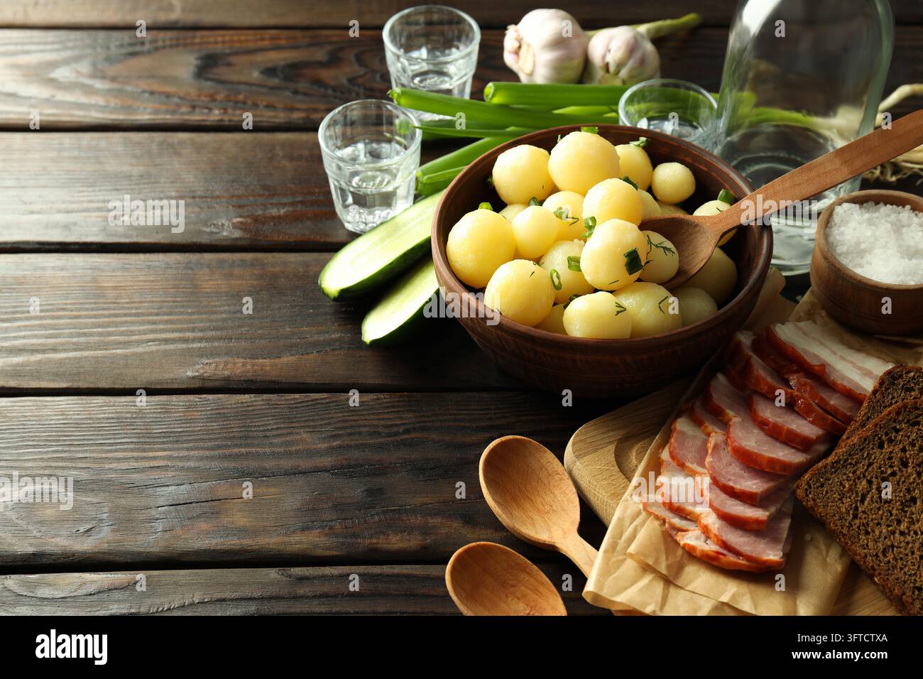 Concept of tasty food with boiled young potatoes, space for text Stock ...
