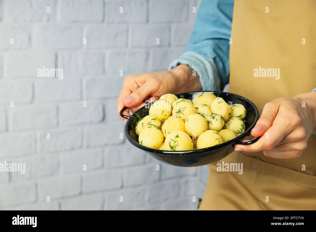 Concept of tasty food with boiled young potatoes, space for text Stock ...