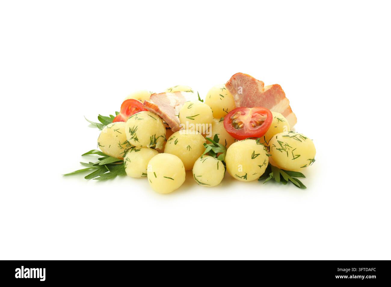 Concept of tasty food with boiled young potatoes, isolated on white ...
