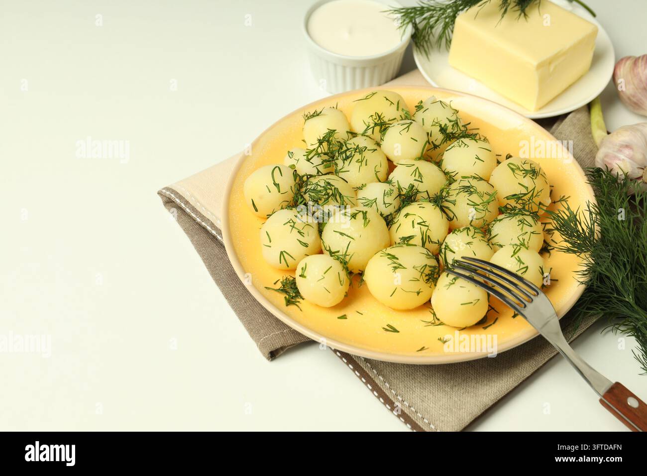 Concept of tasty food with boiled young potatoes, space for text Stock ...