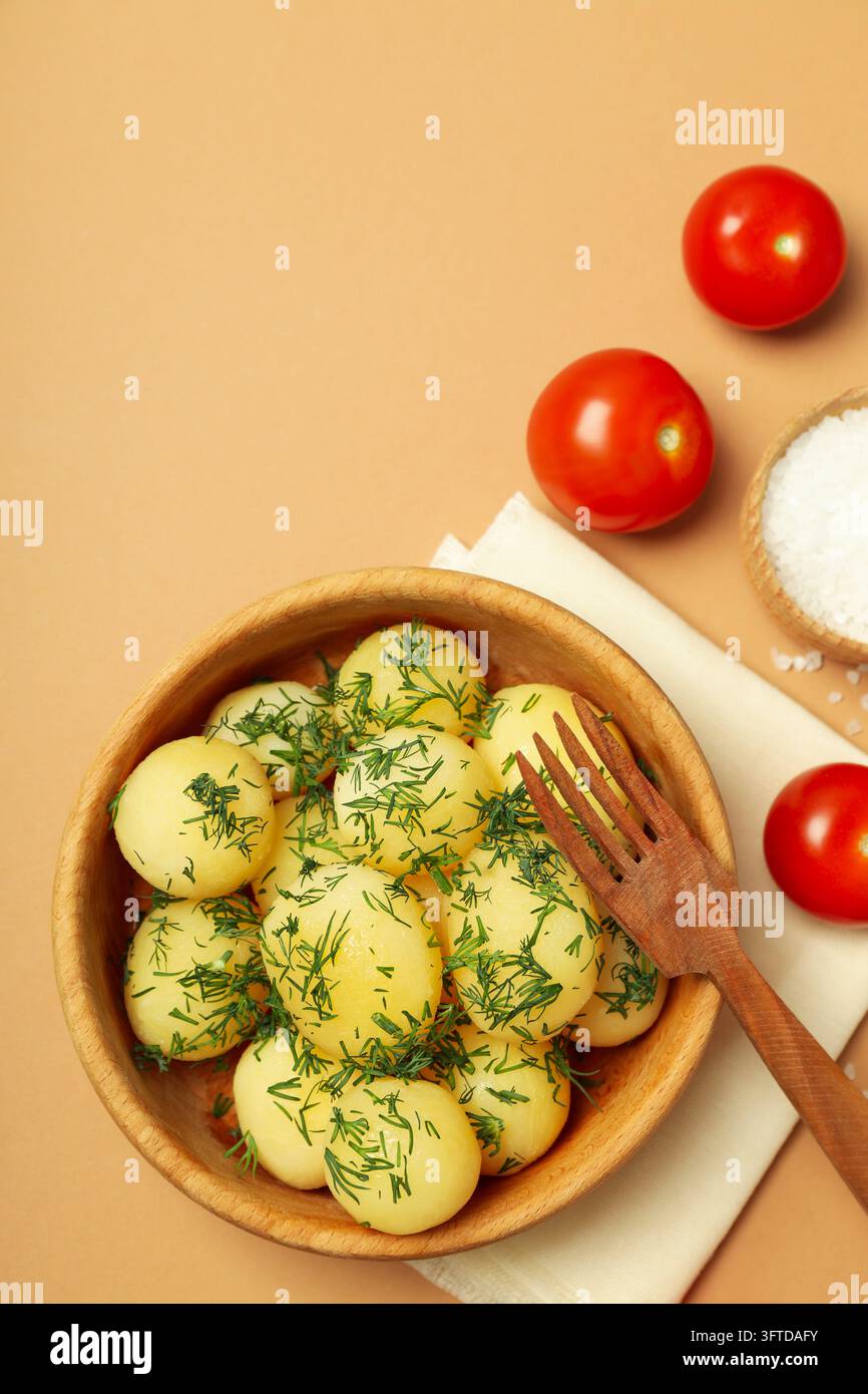 Concept of tasty food with boiled young potatoes, space for text Stock ...