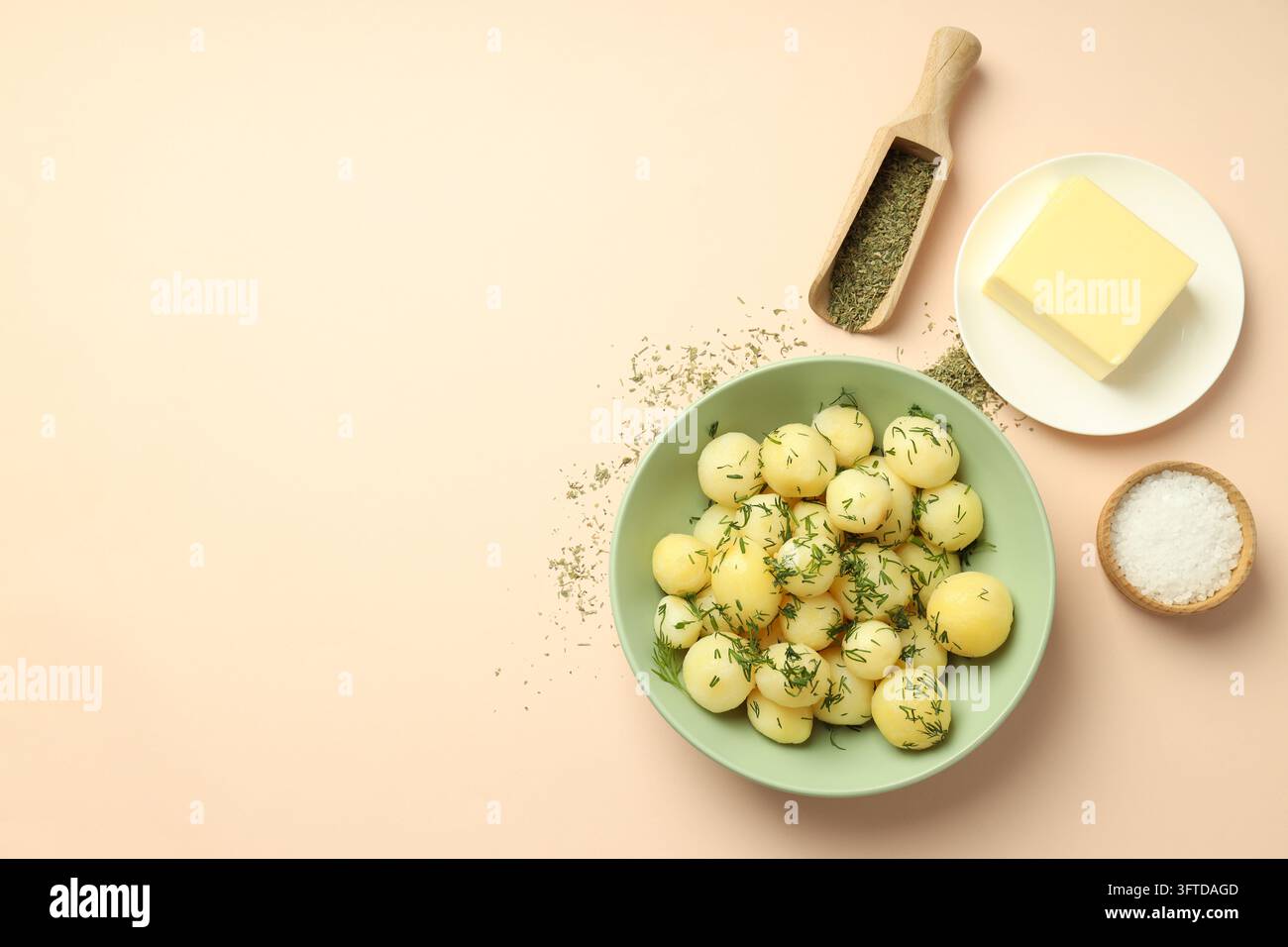Concept of tasty food with boiled young potatoes, space for text Stock ...