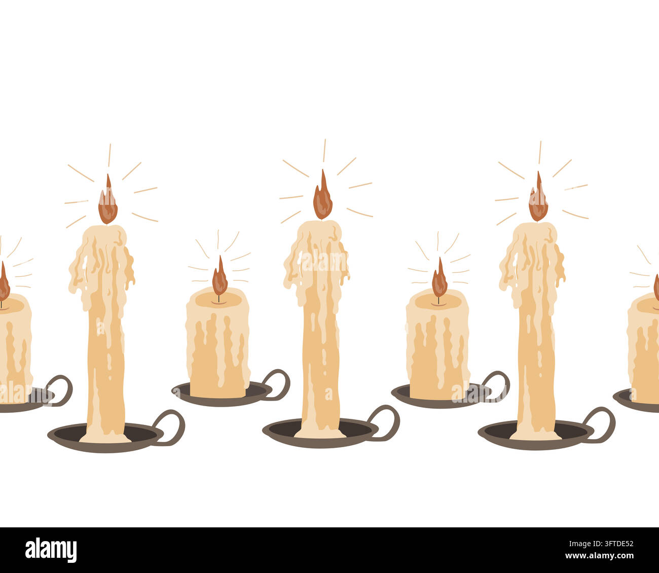 Burning candle in holders seamless border pattern, hand drawn vector ...