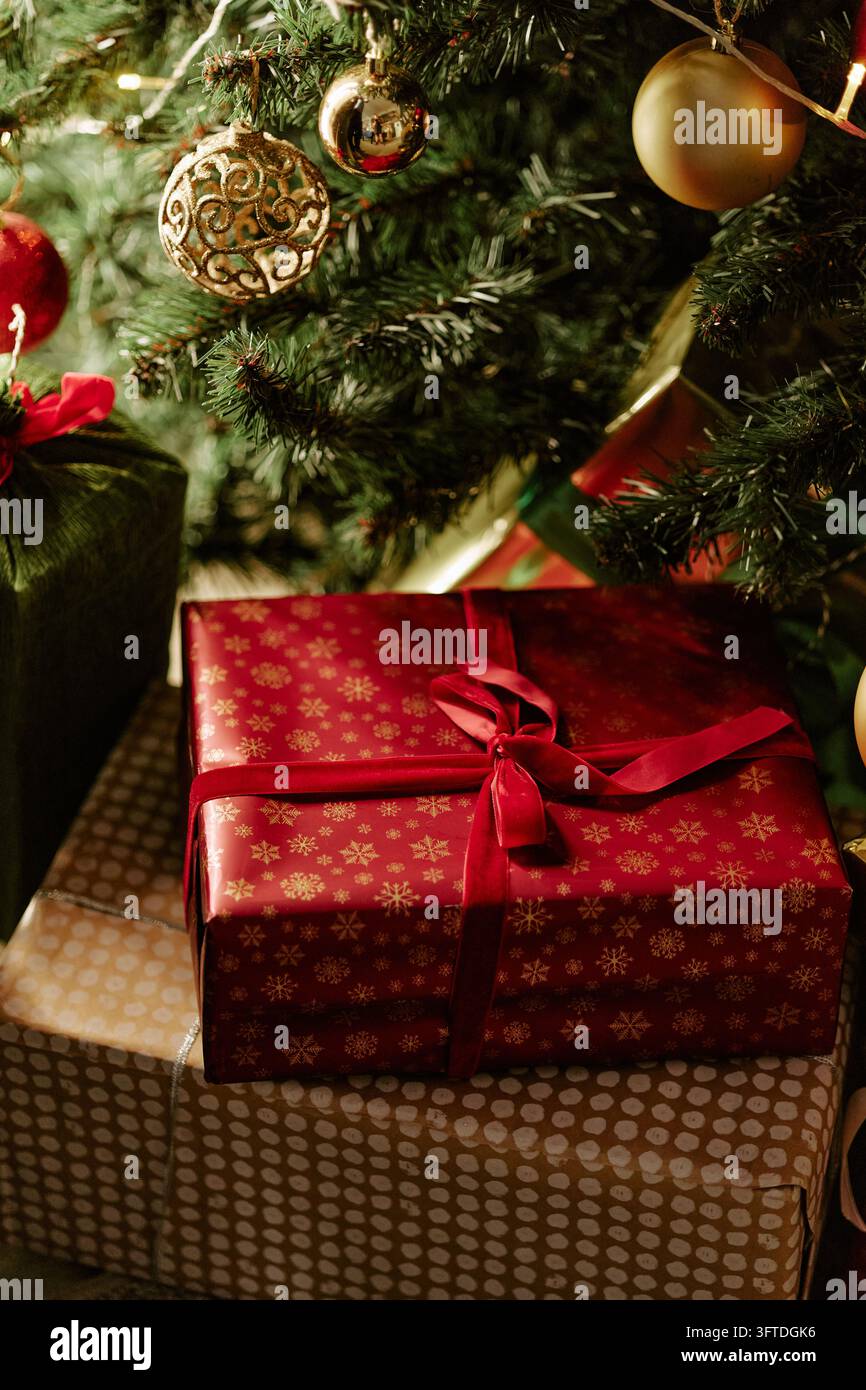 Wrapped Christmas Gift Boxes Lying under Decorated Fir Tree Stock Photo ...