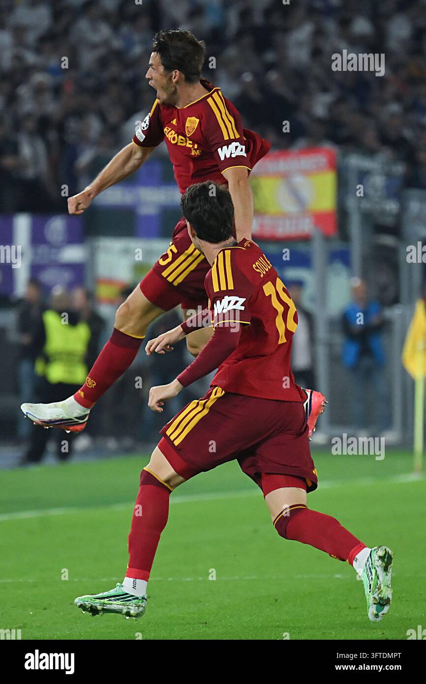 Marten De Roon of Roma celebrates scoring his goal during the Champions ...