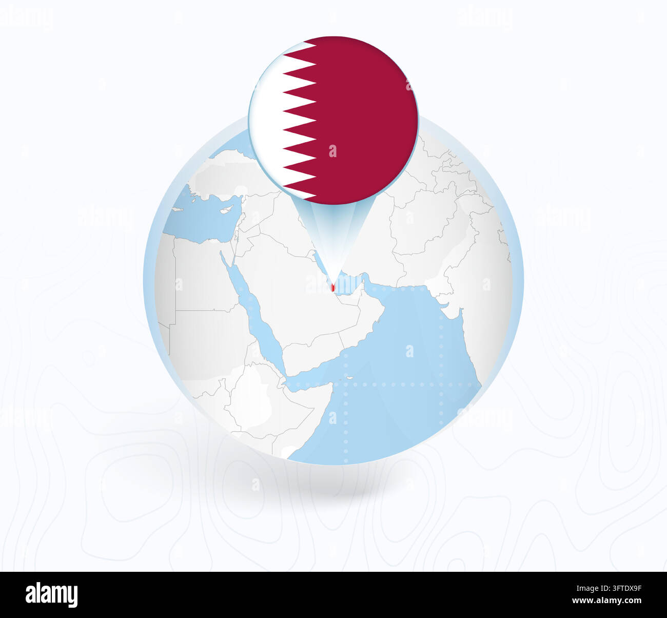 Qatar Map with Round Qatar Flag Pin Pointer on Circular Globe. Vector ...