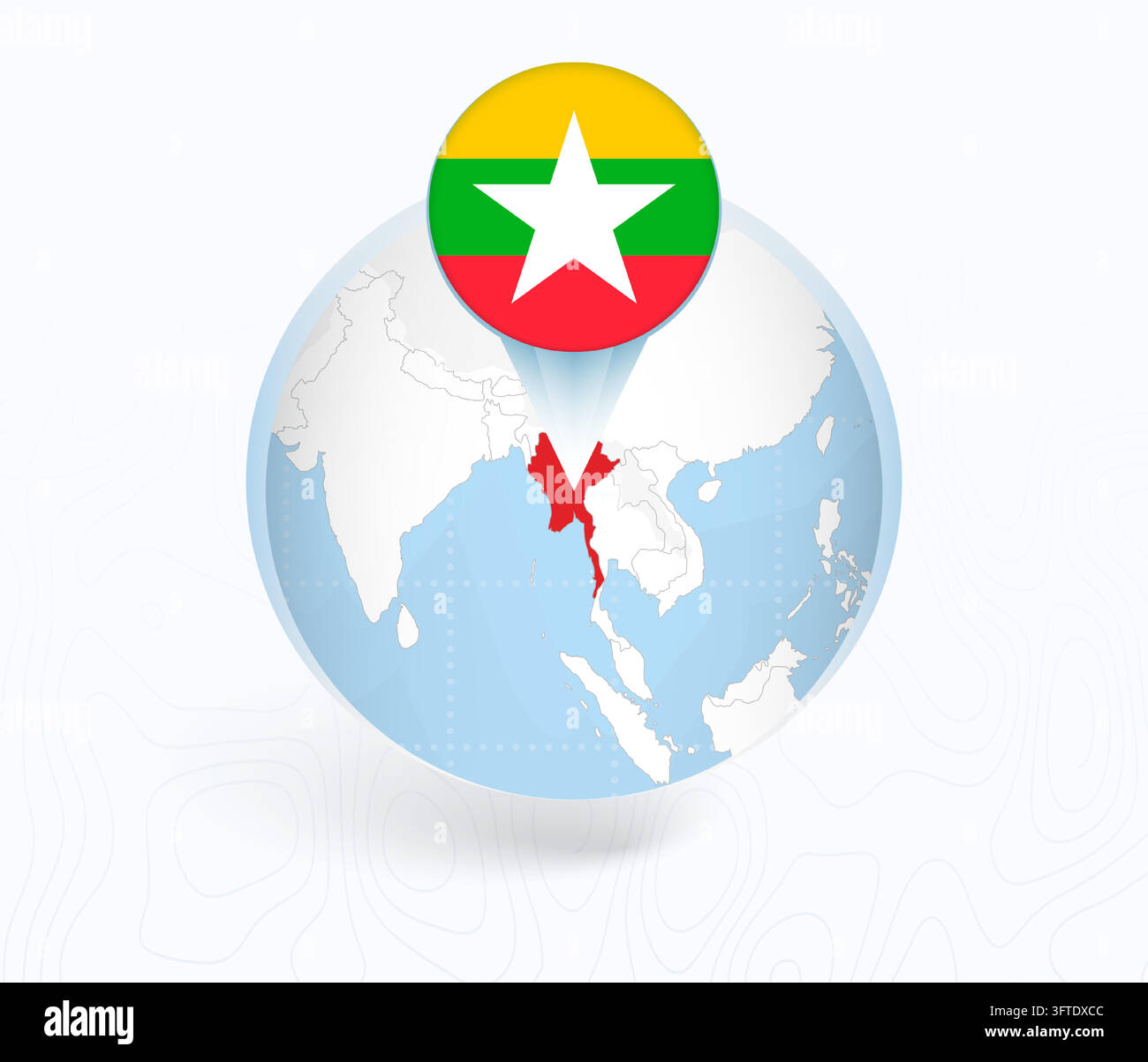 Myanmar Map with Round Myanmar Flag Pin Pointer on Circular Globe ...