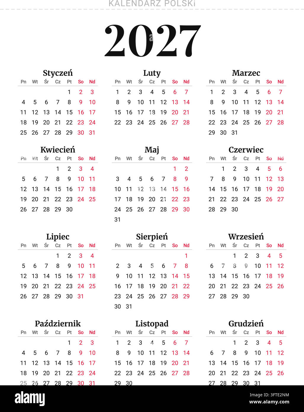 Polish calendar 2027 for Poland kalendarz, a printable, yearly vector ...