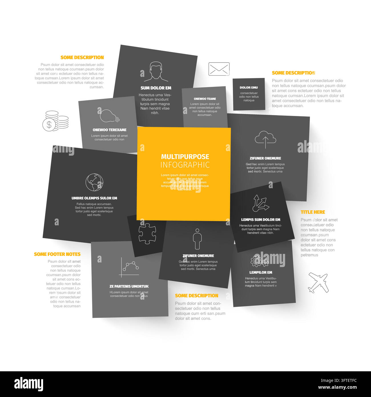 A modern multipurpose infographic template featuring dark square sticky ...