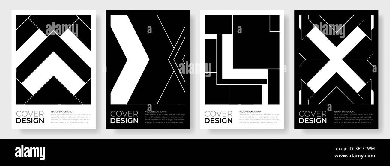 High contrast collection of four monochrome cover templates combining oversized chevrons, sharp diagonal lines, intersecting forms and rectangular Stock Vector