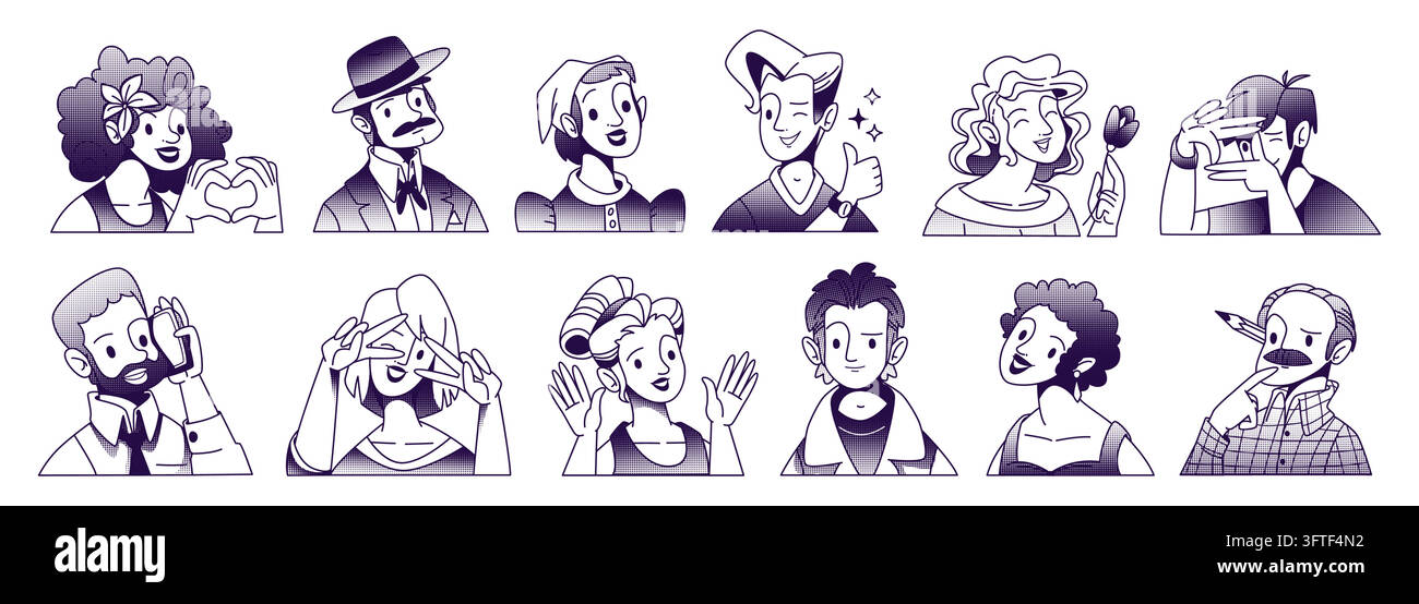 Halftone monochrome fun user avatar collection with people characters ...