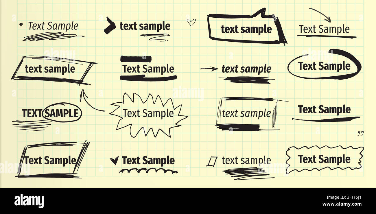 Black marker text boxes with hand-drawn doodles set. Frames for ...