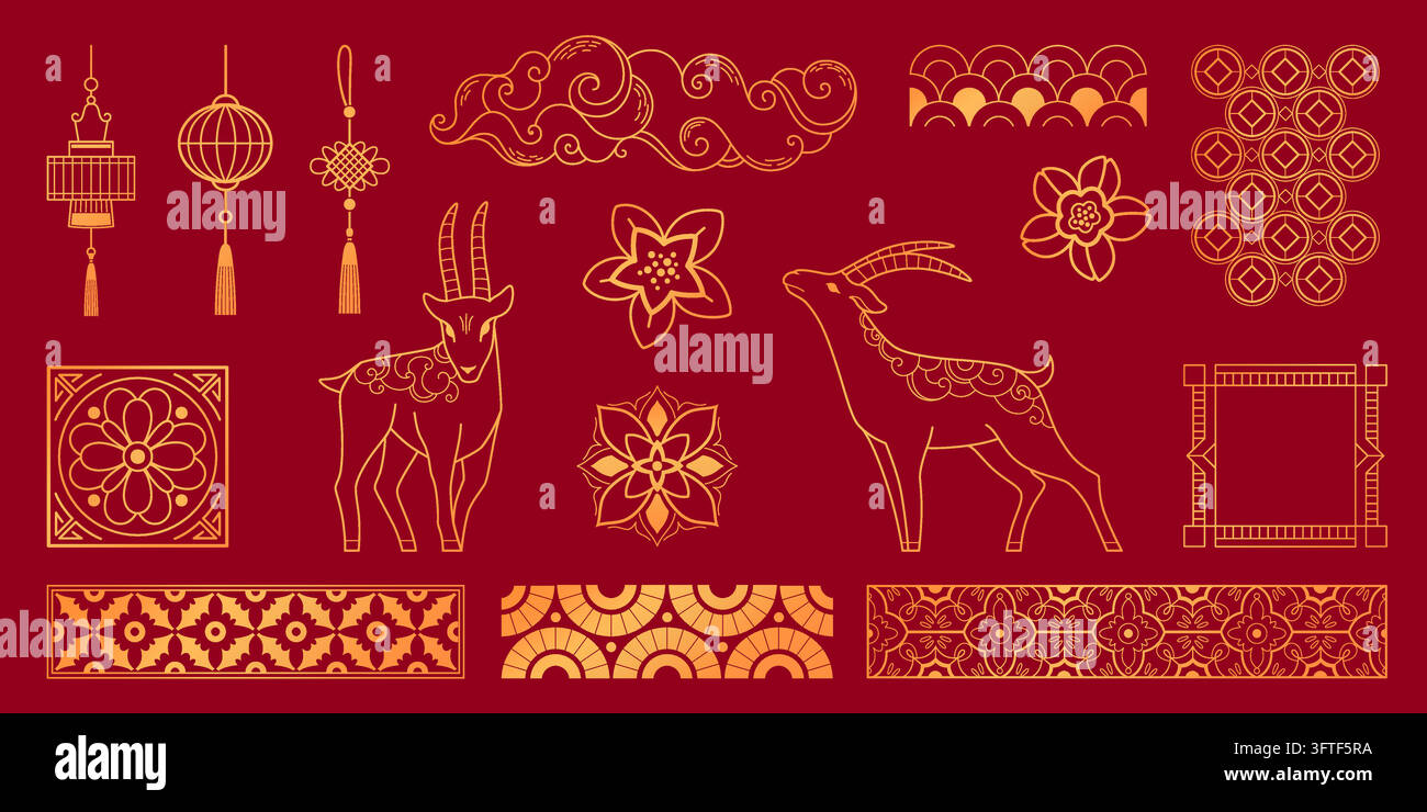 Chinese New Year 2027 elements set. Vector golden goat zodiac, clouds ...