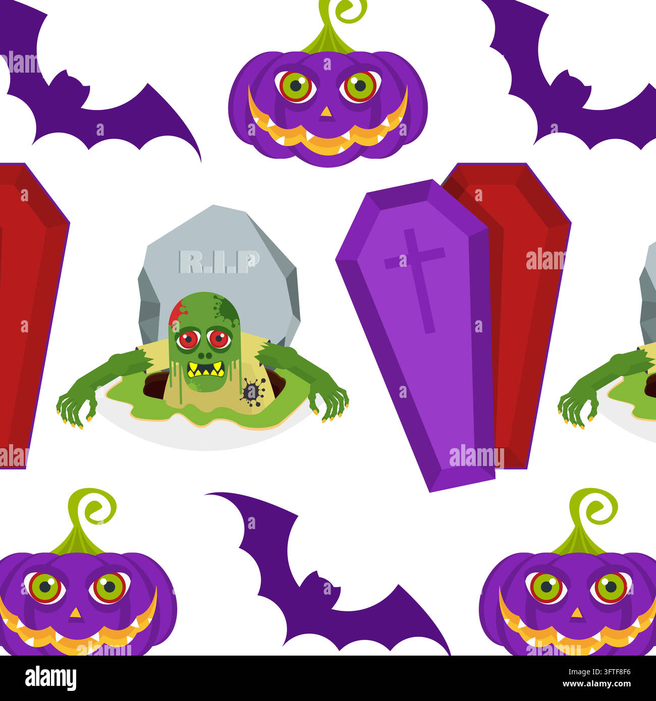 Halloween seamless pattern with zombie, purple coffins and RIP ...