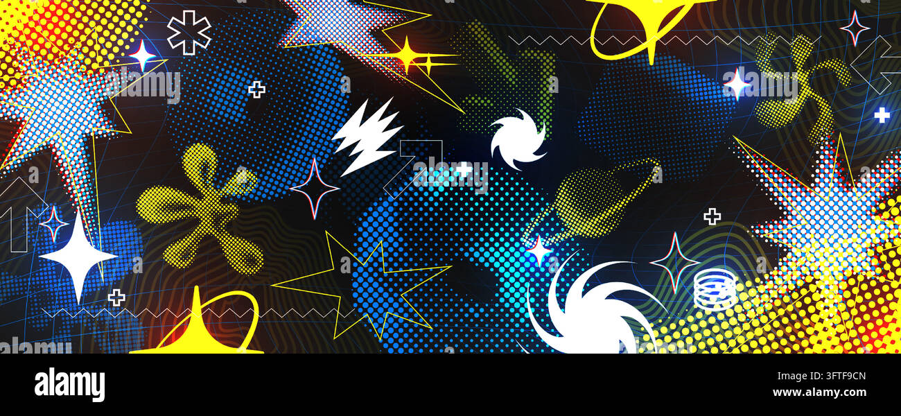 Y2K abstract background with geometric stars, halftone patterns and ...