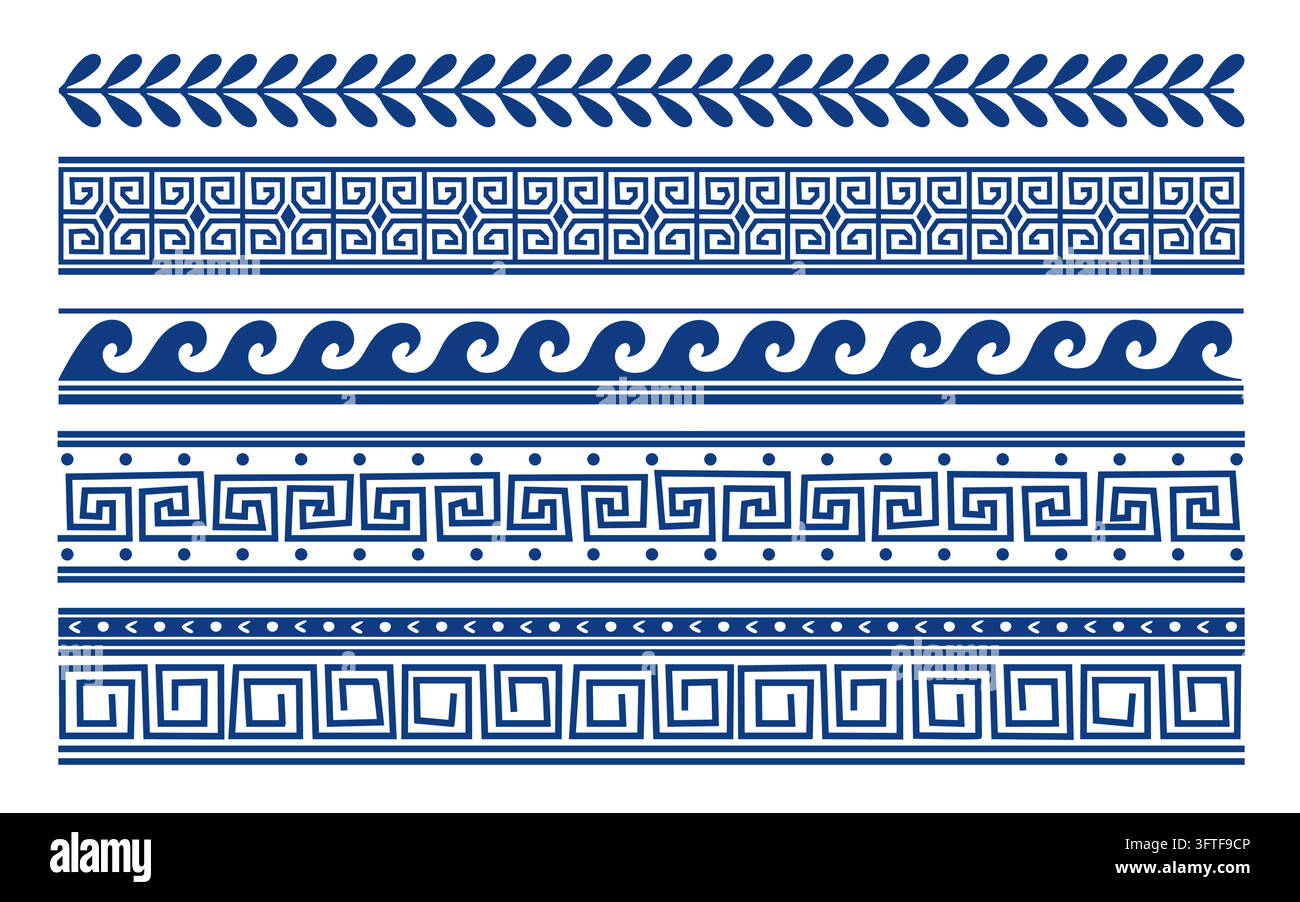 Ancient Greek geometric patterns and ornamental borders set in blue ...