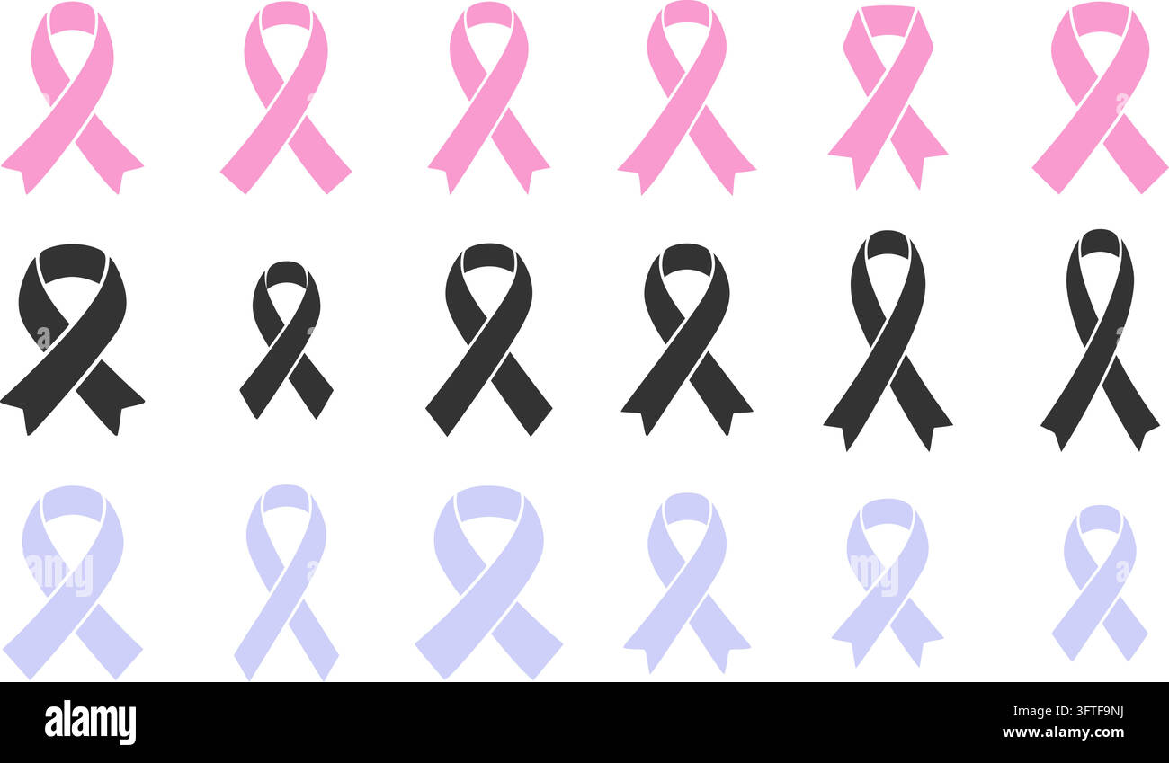 Vector set of awareness ribbons in pink, dark gray, and light blue ...