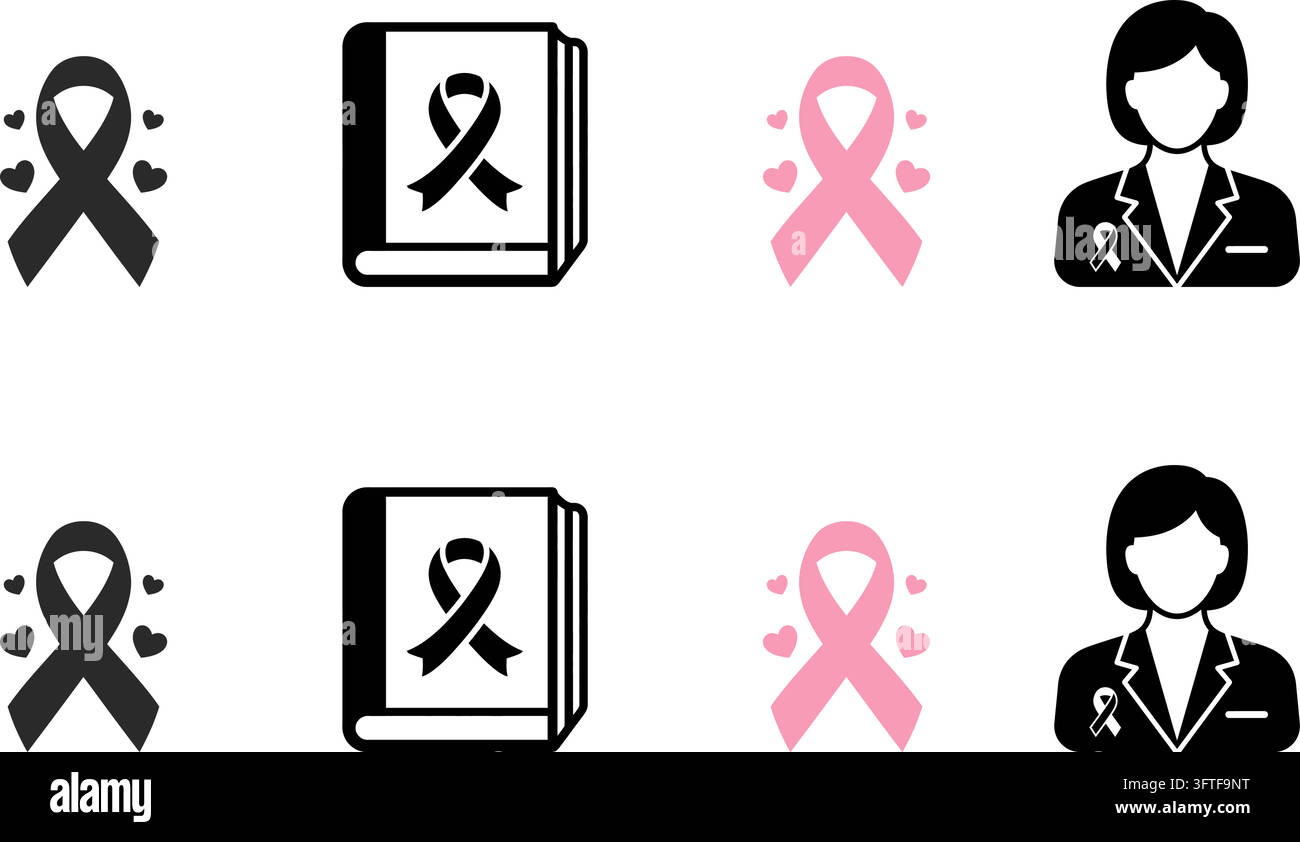 Awareness ribbon and medical icons vector set featuring books, hearts ...