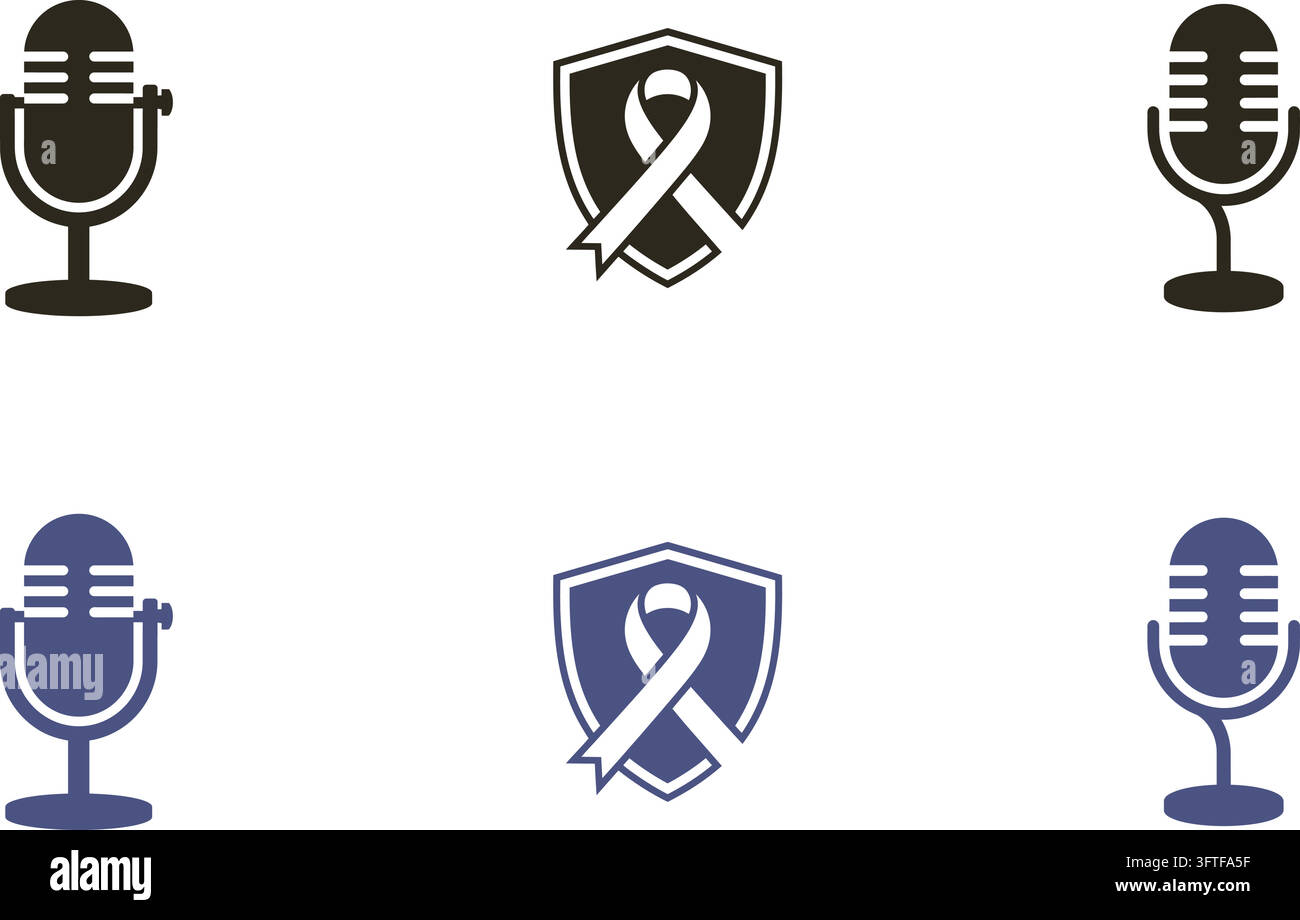 Microphone and shield awareness ribbon vector icon set in black and blue colors Stock Vector
