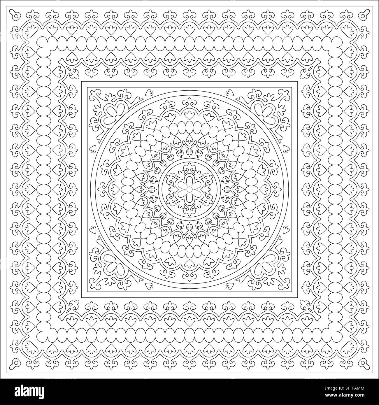 Racktangle Vector Vector Uzbek black outline square ornament. Turkic rectangle, frame ...