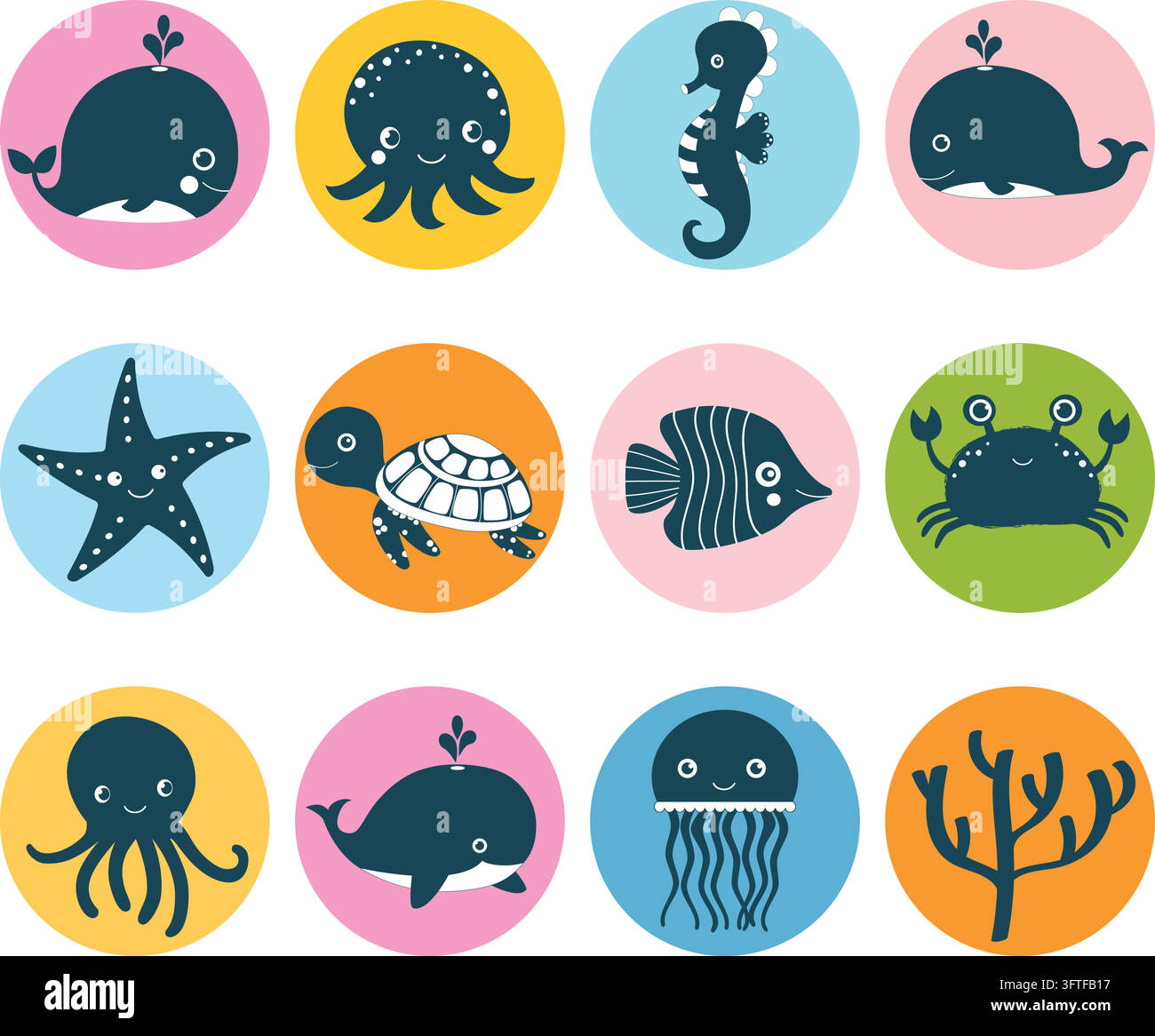 Cute vector set with sea animal icons in color circles for kids designs ...