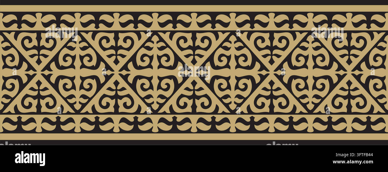 Kazakh national endless gold and black ornament. Ethnic pattern. Border ...