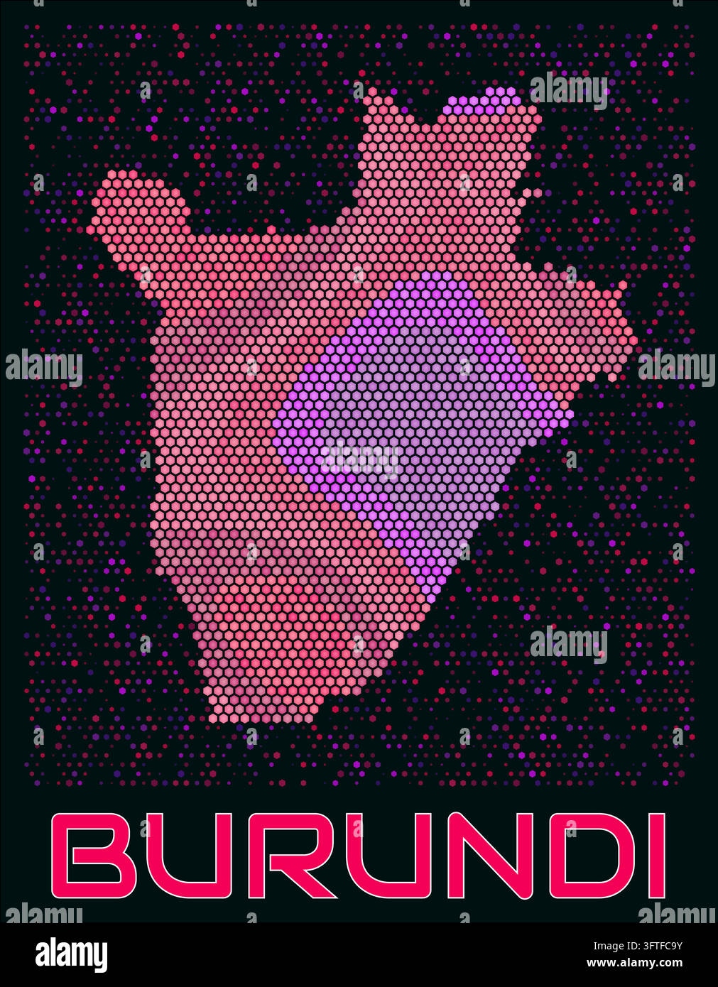 Burundi digital style hexagon map. Vibrant magenta purple pink neon ...